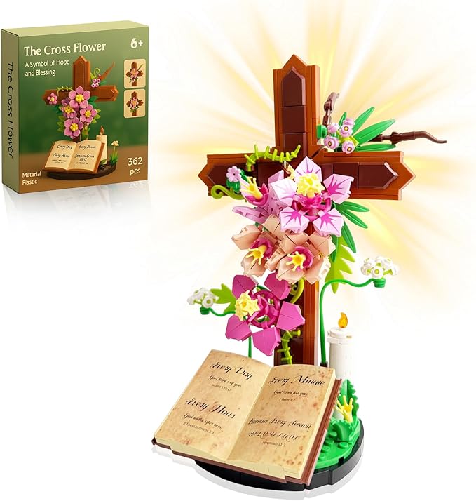 Jesus Cross SetFlower Building Block Set for Adults Faith Inspired Crucifix Brick Model with Floral Design Religious Home Desk Decor Christian Gift for Easter Prayer Room