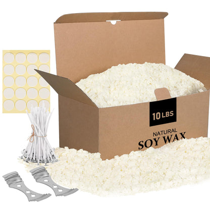 SAEUYVB Natural Soy Candle Wax for Candle Making, 10lb Bag, Premium Soy Wax Flakes, 20 Cotton Candle Wicks, 20 Wick Stickers and 2 Centering Devices ﻿
