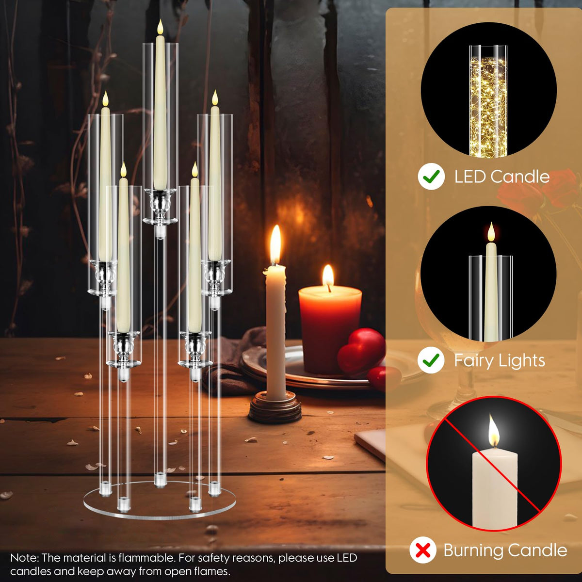 8 Sets 5 Arms Acrylic Candelabra Centerpieces for Tables,Clear Candle Holder for Wedding,Ceremony Dinner Party, 27" Tall Candlestick Holders with Lampshade,Fit LED Candle