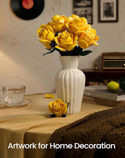 iATOM Yellow Rose Bouquet Building Set 12Pcs Flowers Botanical Collection Kit for Adults Valentine's Day Gift for Her/Girlfriend/Mom/Wife/Couple Modern Home Office Table Centerpiece Decor Aesthetic