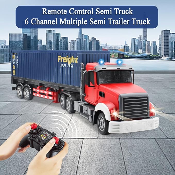 Mostop RC Semi Truck with Trailer - 22.5 Inch Remote Control Semi Truck Toy for Kids 1:24 Scale Container Truck with 2 Batteries Carrier Van Transport Vehicle with LED Light &amp MusicGreat Gift