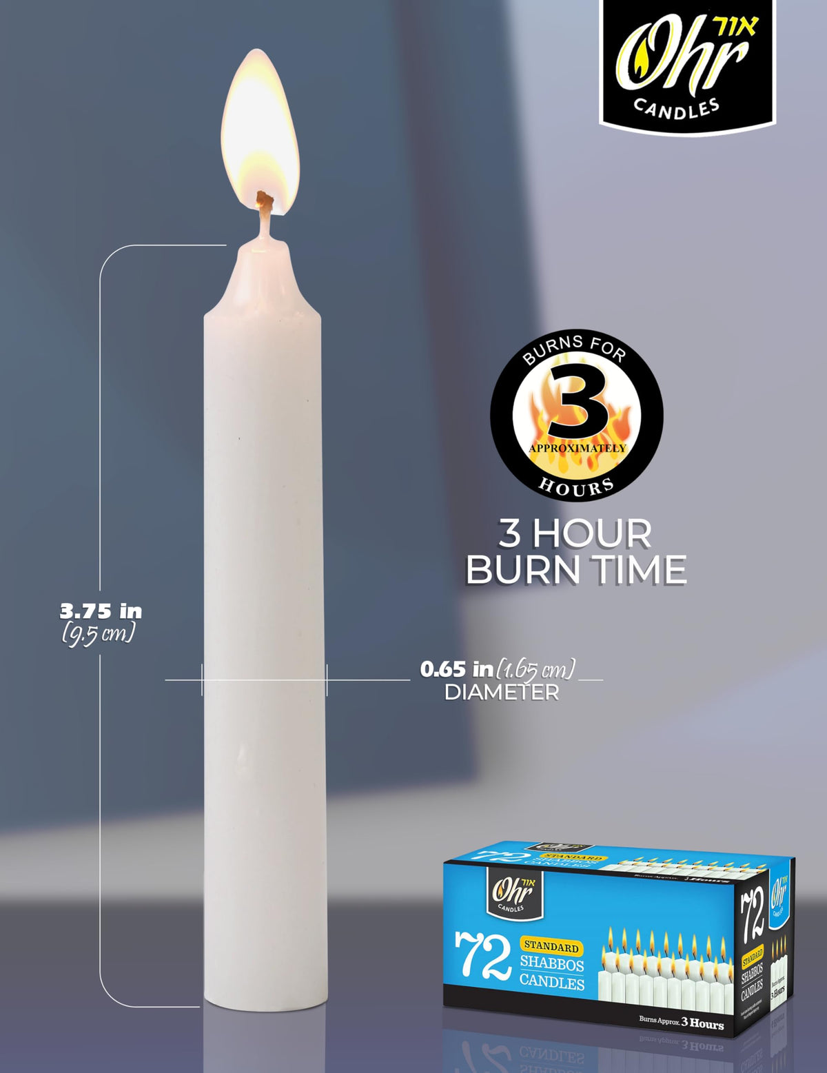 Ohr Candles Shabbat Candles - Traditional Shabbos Candles - 3 Hr. - 72 Ct.