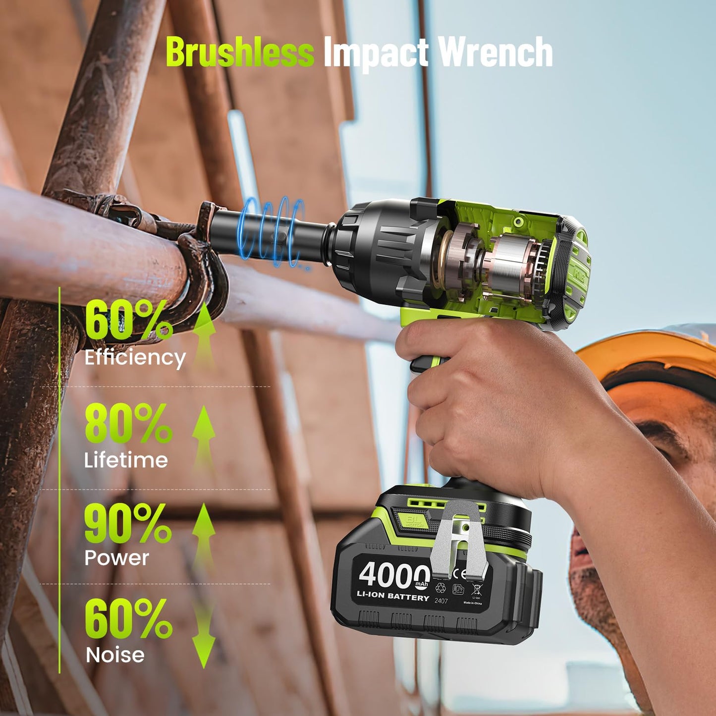 Robustrue 1600N.m (1180ft-lbs) Cordless Impact Wrench, 1/2 High Torque Brushless Impact Gun, 2400RPM Power, 2 x 4.0Ah Batteries, Fast Charger, Impact Wrench for Heavy Duty Truck RV Mower