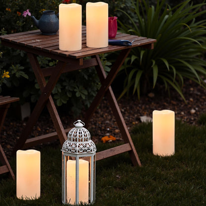 Eldnacele 8" × 4" Waterproof Outdoor Large Flameless Candles Remote and Timer, Battery Operated White Plastic LED Flickering Pillar Candles 2 Pack Dinner Wedding Porch Garden Lanterns Home Decor