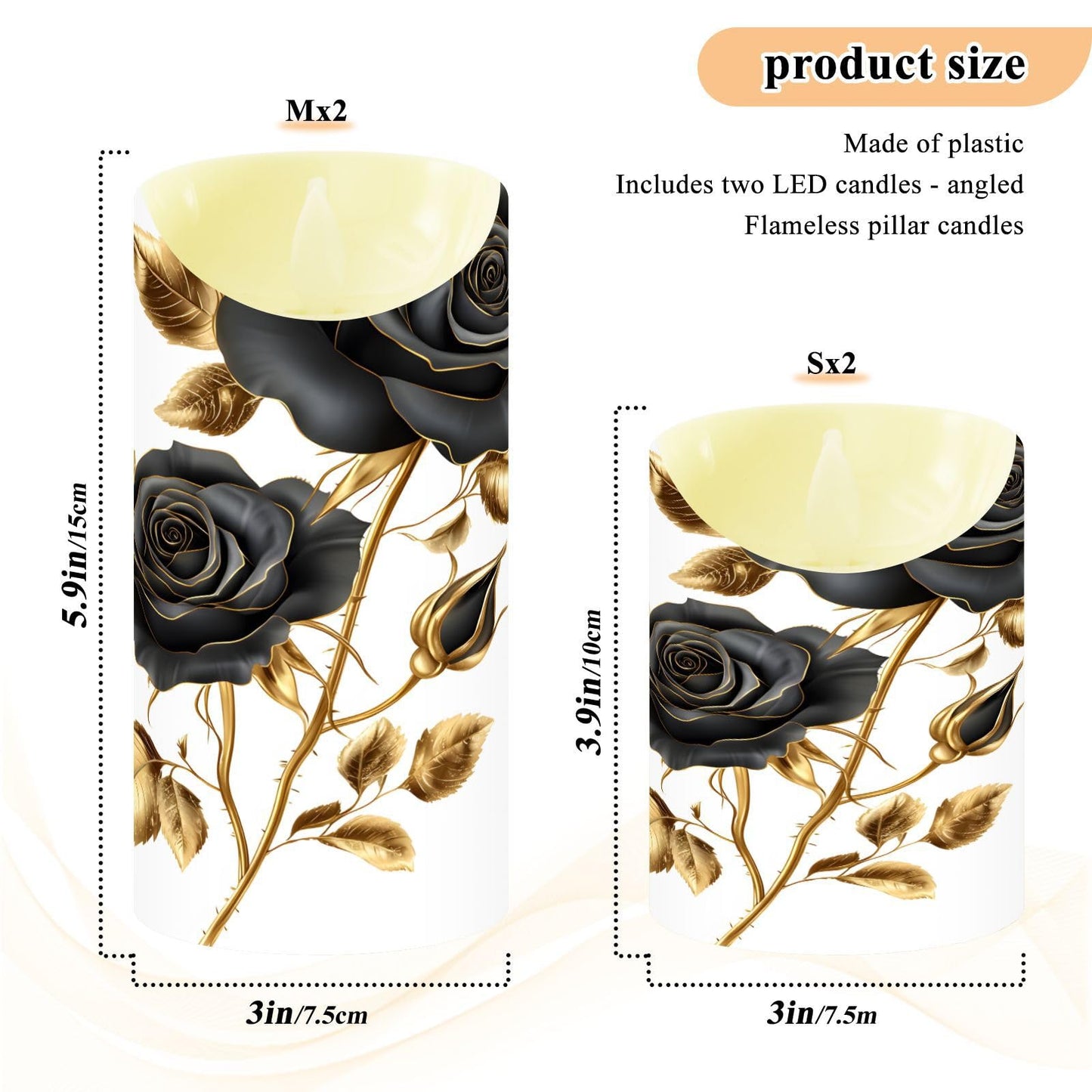 ALAZA Black Roses Gold Leaves Flickering Flameless Candles Battery Operated with Remote Timer,Tea Light Candles LED Pillar Votive Set of 2 for Outdoor Indoor Decorations 3" x5.9"