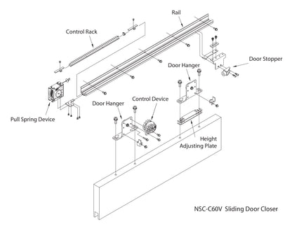 NSC-C60V-22 Sliding Door Closer for Barn Door (Medium-Heavy Duty Model Up to 132lbs), Self Closing, Complete System With 86" Rail