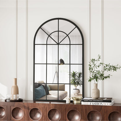 OGCAU Wall Mounted Mirror, 24"x42" Arched Wall Mirror, Arched Window Shaped Farmhouse Style with Iron Frame, Paneled Wall Decor for Bedroom, Entryway, Living Room (Black)