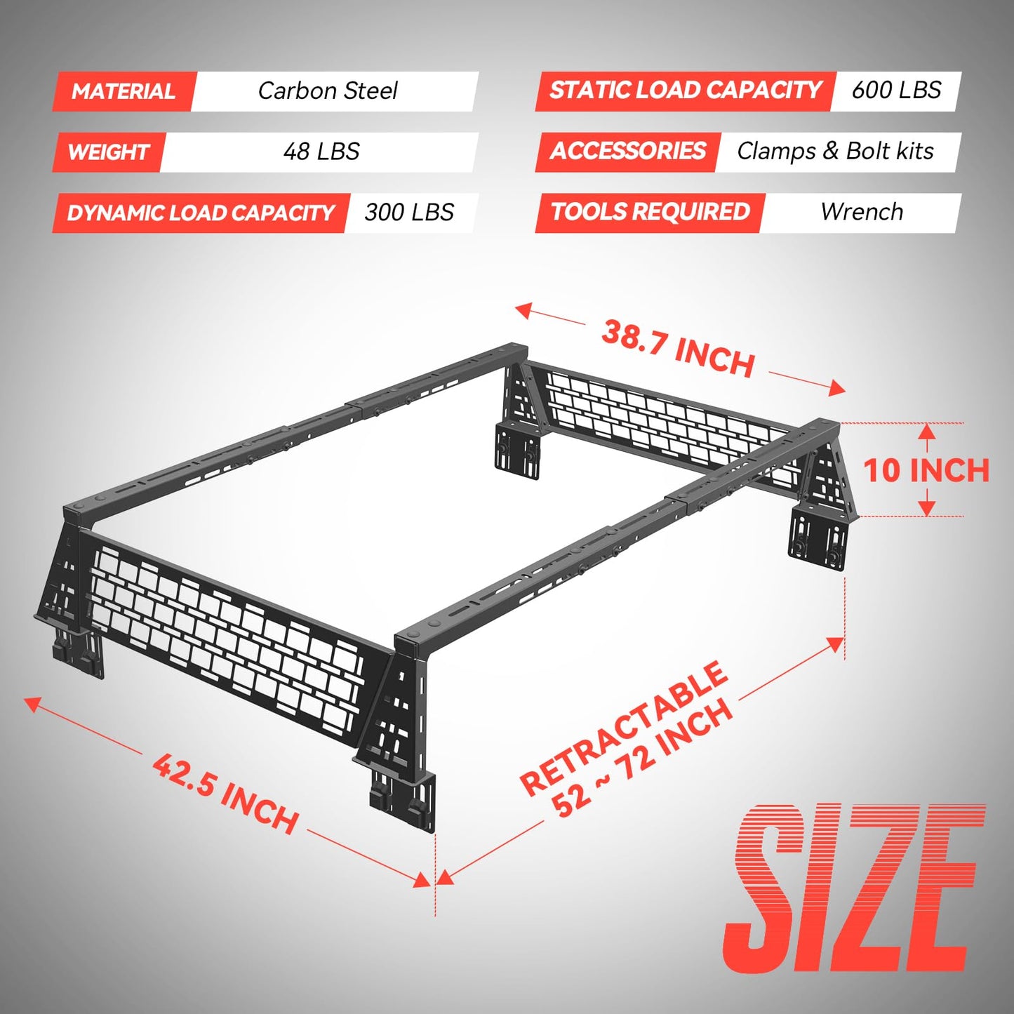 Truck Bed Adjustable Cross Bars for Pickup Trucks, Wide Width Adjustment, No-Drills Needed Installation (Not for Any Bed Cover), 95033C