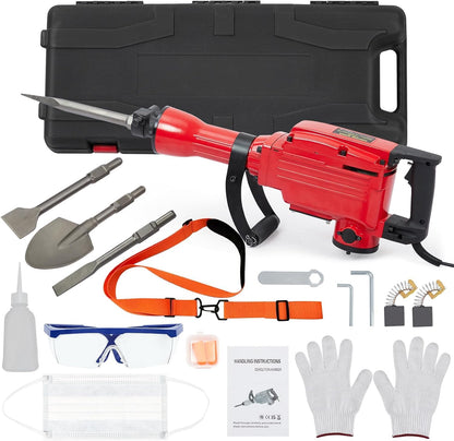 Demolition Jack Hammer 2200W 4PCS Chisels Bit Set W/Case, Demolition Jack Hammer Tool Kit, Noise-Canceling Earplug, Shoulder Strap