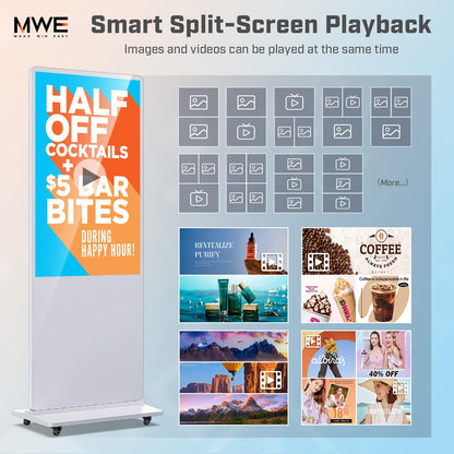 QIXZOCV MWE 55 Inch 4K Digital Signage Display Kiosk, LCD Screen Indoor Floor Standing Advertising Displays, Android System Commercial Totem, Vertical Poster with Auto Media Player-White