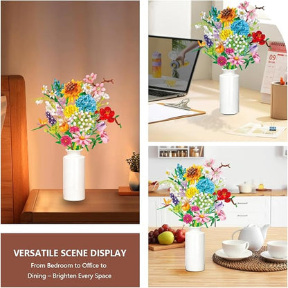 Flower Building Block Bouquet Kit for Women DIY Brick Flowers Craft Set with Adjustable Stems and Petals Creative Botanical Construction Toy for Desk Decoration Gift for Teens and Adults