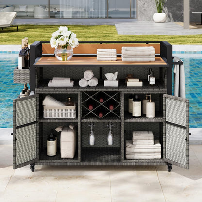 Dfchlda 52.8" Wicker Outdoor Grill Cart with Extended Plastic Wood Table Top, Rolling Kitchen Island with Storage Cabinet, Double Handle Design for Patio, Backyard, Garden, Poolside(Grey)