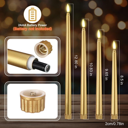 Rossesay 48 Pcs Flameless LED Taper Candles Battery Operated Candles 4 Sizes of 8.5'', 9.65'', 10.83'', 12.8'' Flameless Candlesticks Flickering for Halloween Christmas Church Wedding(Golden)