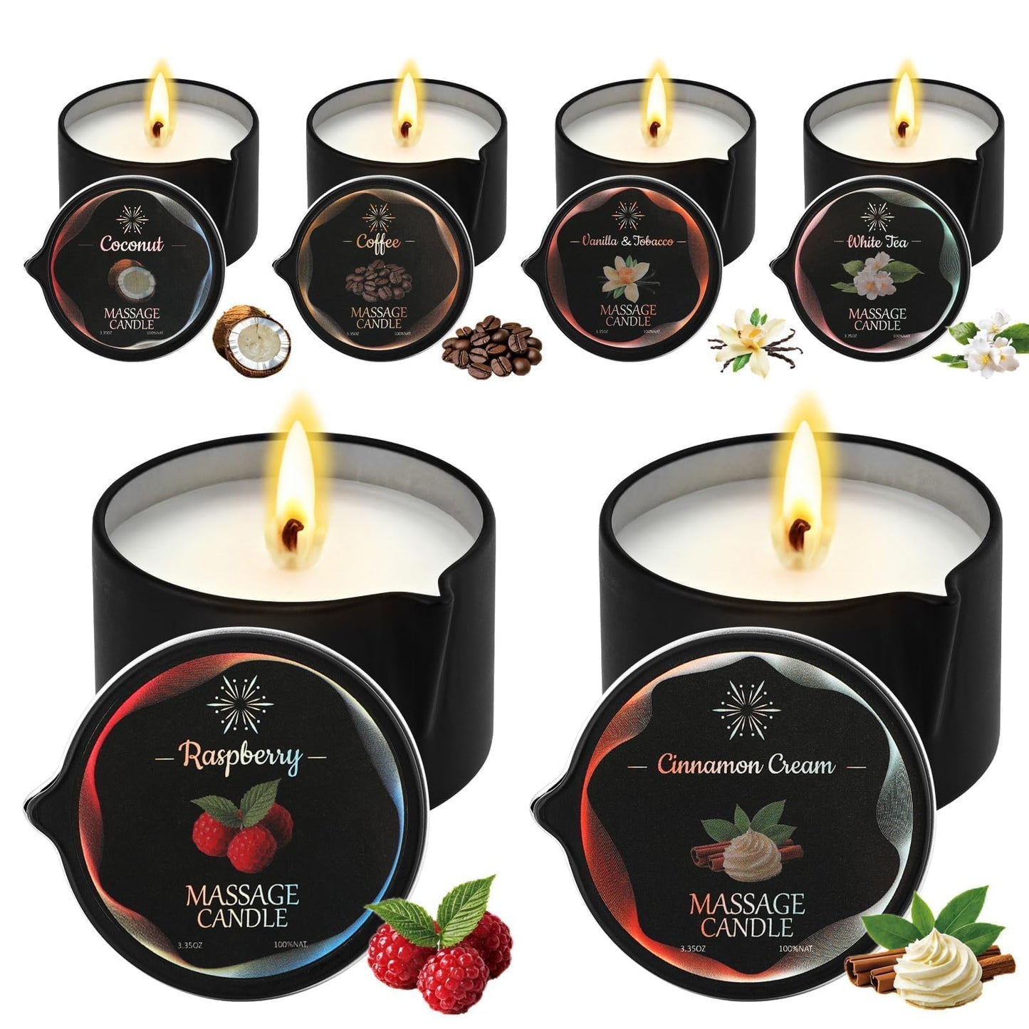 Sariiraw 6 Pack Massage Oil Candles Set, Low Temp Soy Based Massage Candles for Massage Therapy, Relaxation & Skin Moisturizing, Assorted Scents for Home Spa Self Care