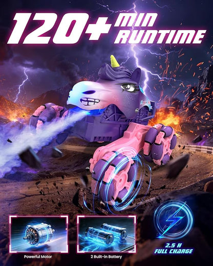 Remote Control Car 1:18 Pink Unicorn Monster Truck 360° Spin-Dance Light Music with Spray 2.4 GHz 4WD 120 Min Runtime Off-Road for Indoor &amp Outdoor Fun Toy Birthday Gifts for Girls Age 3+