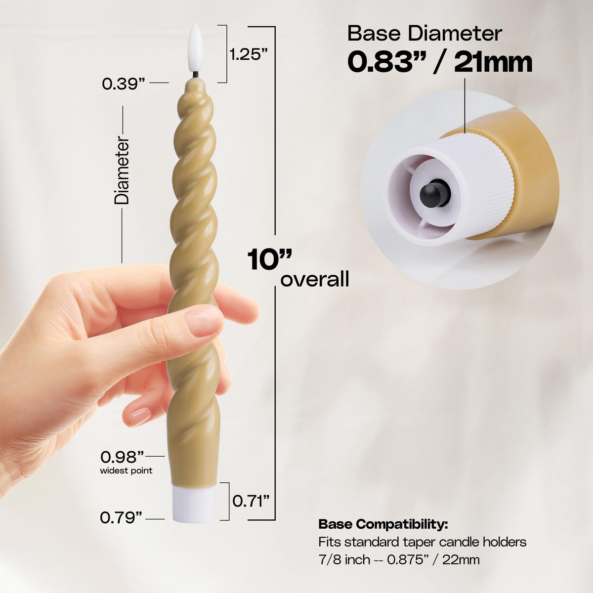 West Ivory Full Twisted Spiral Flameless LED Taper Candles – Light Tan, Set of 6 – 2/4/6/8-Hr Timer (24-Hr Memory), Remote, Dimmable, Bottom On/Off Button, Flicker/Steady, Battery Operated