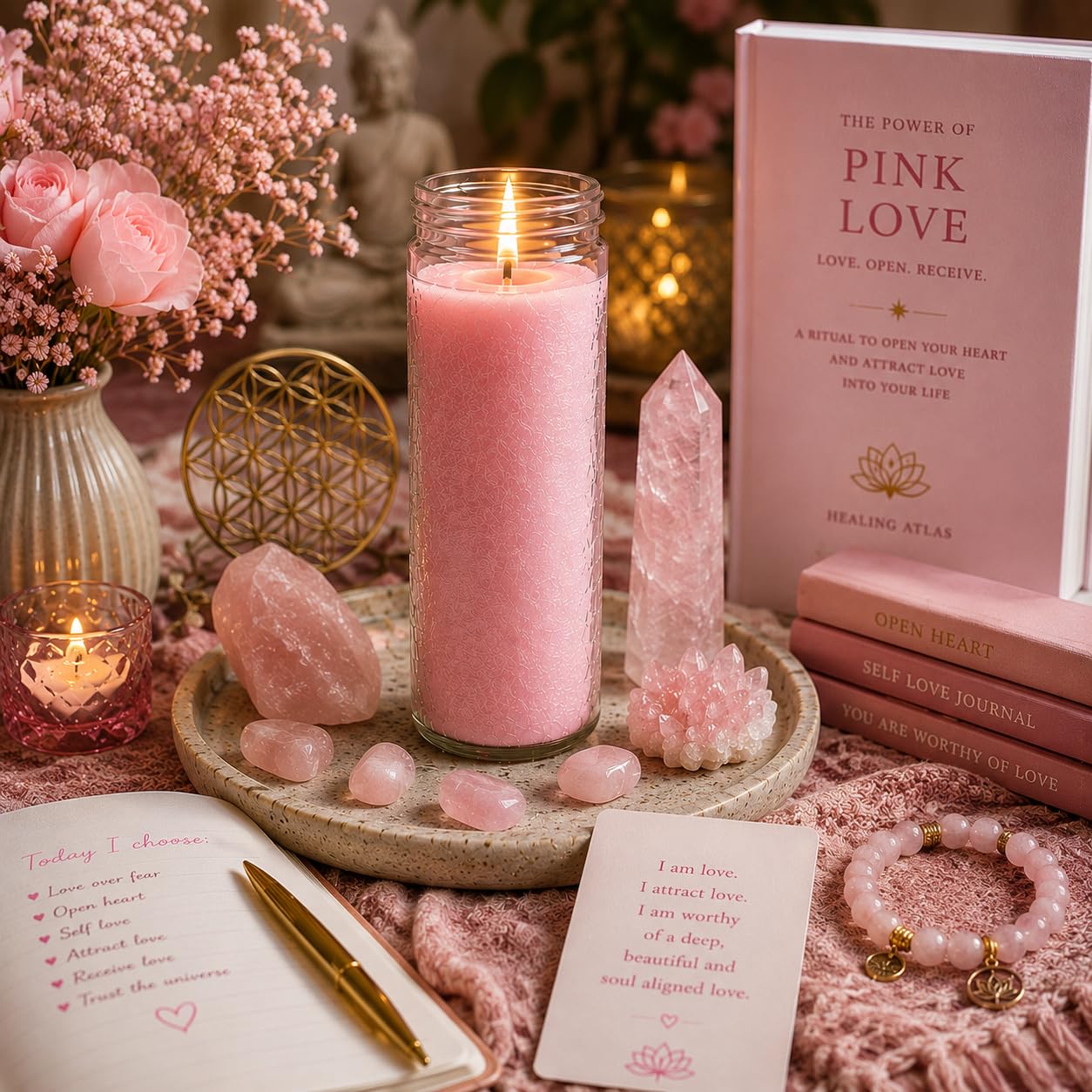 Pink Love Manifestation Candle Kit – 8" Ritual Prayer Candle with Intention Scrolls, Pencil & QR Guide, Self-Love, Harmony & Relationships