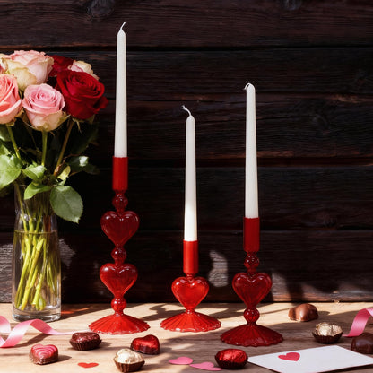 Mumufy 3 Pcs Valentine's Day Glass Candlestick Holders Heart Glass Taper Candle Holder Valentines Heart Candle Stick Vase Decor for Galentine's Day Wedding Festival Party Table Centerpiece(Red)