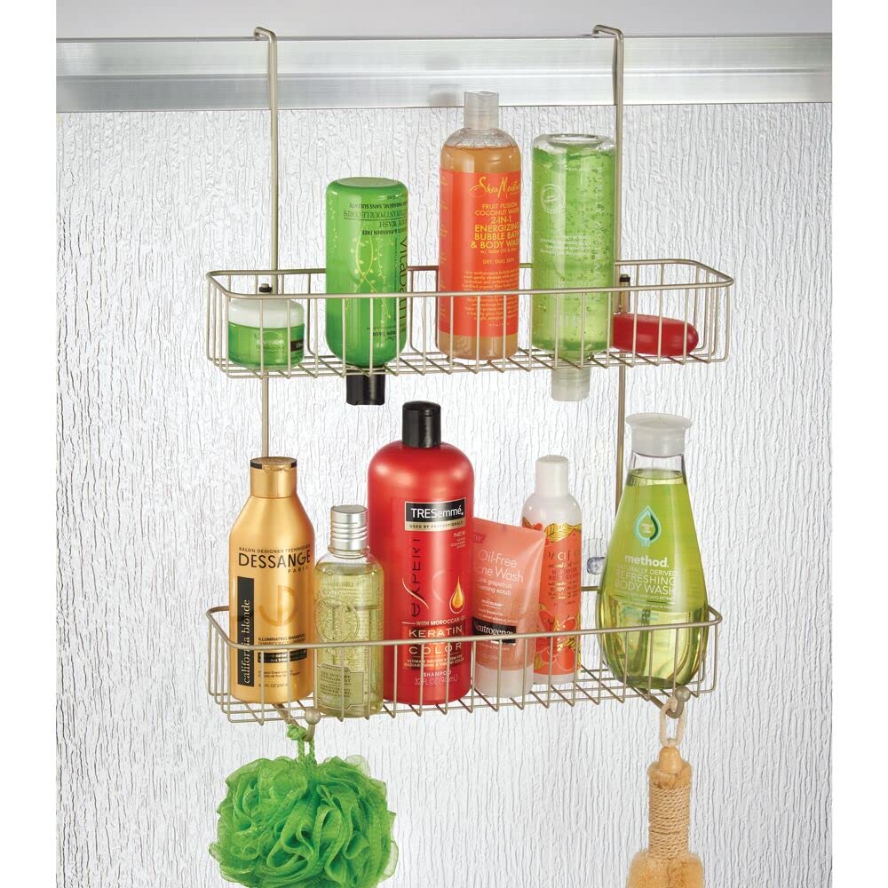 mDesign Extra Wide Metal Wire Over The Bathroom Shower Door Caddy, Hanging Storage Organizer Center with Built-in Hooks and Baskets on 2 Levels for Shampoo, Body Wash, Loofahs - Satin