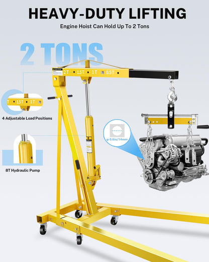 GarveeTech 2-Ton Folding Engine Hoist with Lever, Hydraulic Shop Crane with 6 Swivel Wheels & Adjustable Boom (0.5T-2T), Heavy-Duty Cherry Picker for Garage, Workshop, Truck, Farm (Net Wt. 168 Lbs)
