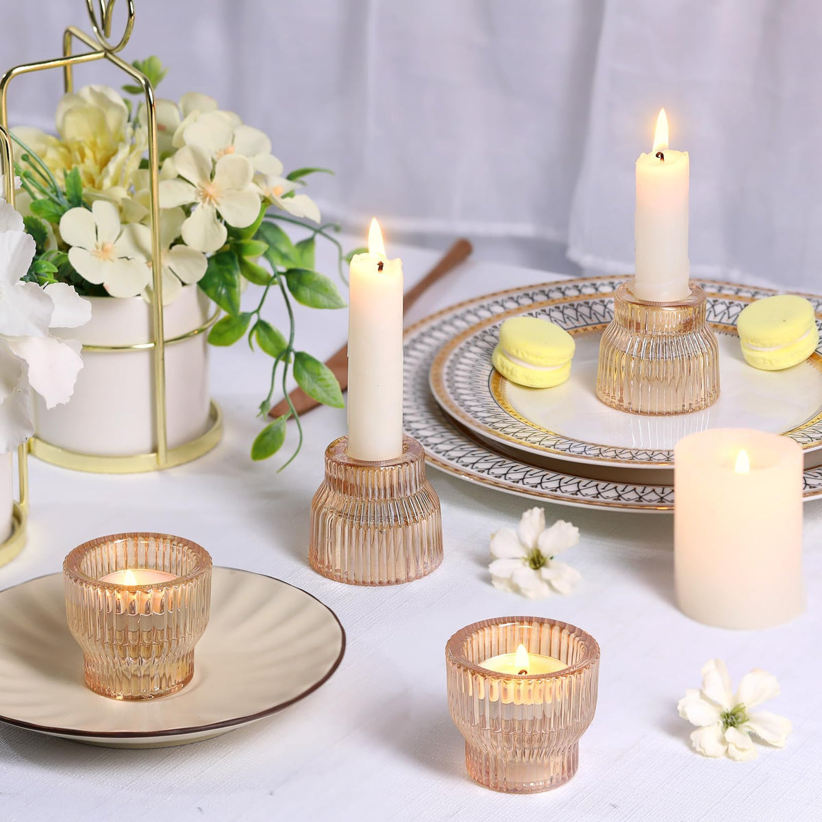 HAVITI 12 Pack Gold Taper Candle Holders, Glass Candlestick Holders, Tea Light Candle Holder for Fall Wedding Centerpieces Table Decorations, Votive Candle Holders for Table Decor