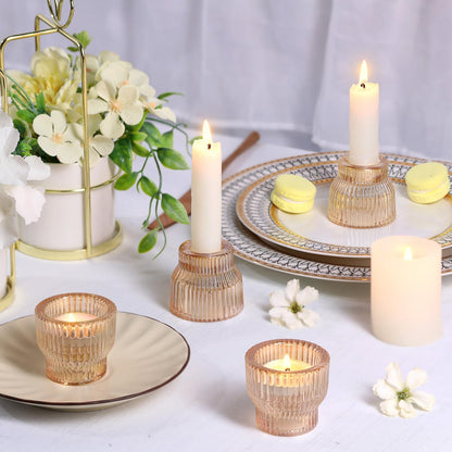 HAVITI 12 Pack Gold Taper Candle Holders, Glass Candlestick Holders, Tea Light Candle Holder for Fall Wedding Centerpieces Table Decorations, Votive Candle Holders for Table Decor