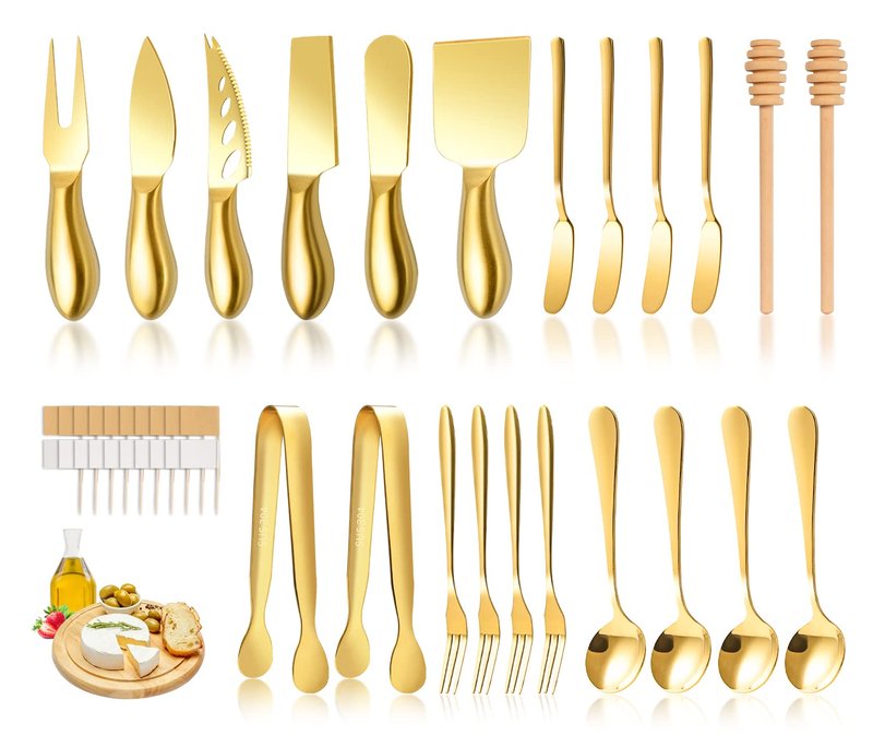 LifeMusican Gold Cheese Knife Set For Charcuterie Board Accessories, Stainless Steel Cheese Slicer And Butter Spreader knives Kit With Serving Tongs, Spoons, Forks, Flags Cheese Markers, Honey Dipper