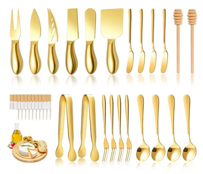 LifeMusican Gold Cheese Knife Set For Charcuterie Board Accessories, Stainless Steel Cheese Slicer And Butter Spreader knives Kit With Serving Tongs, Spoons, Forks, Flags Cheese Markers, Honey Dipper