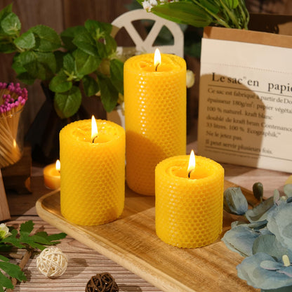 Beeswax Pillar Candles,Hand Rolled Honeycomb Design,3 Sizes,100 Hours Total