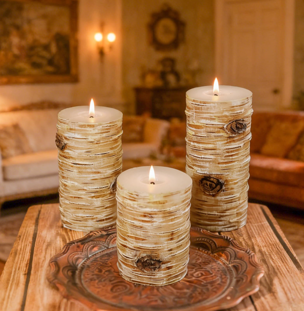 Birch Bark Texture Pillar Candles Set - Real Wax 3 Sizes (4", 5", 6" Tall) Rustic Decor Fireplace Candles, Unscented Woodland Style Pillar Candle for Modern Farmhouse, Dining Table, Holiday Decor