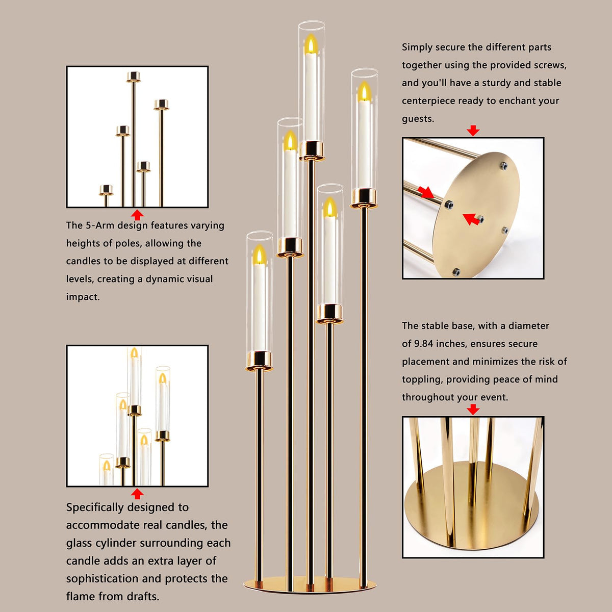 Gold 5-Arm Metal Cluster Taper Candelabra Candle Holders Includes Led Candles & Remote Control, Votive Pillar Candle Holders, Round Wedding Candelabra with Acrylic Shade (1, Gold, 41.3'' x 9.84'')