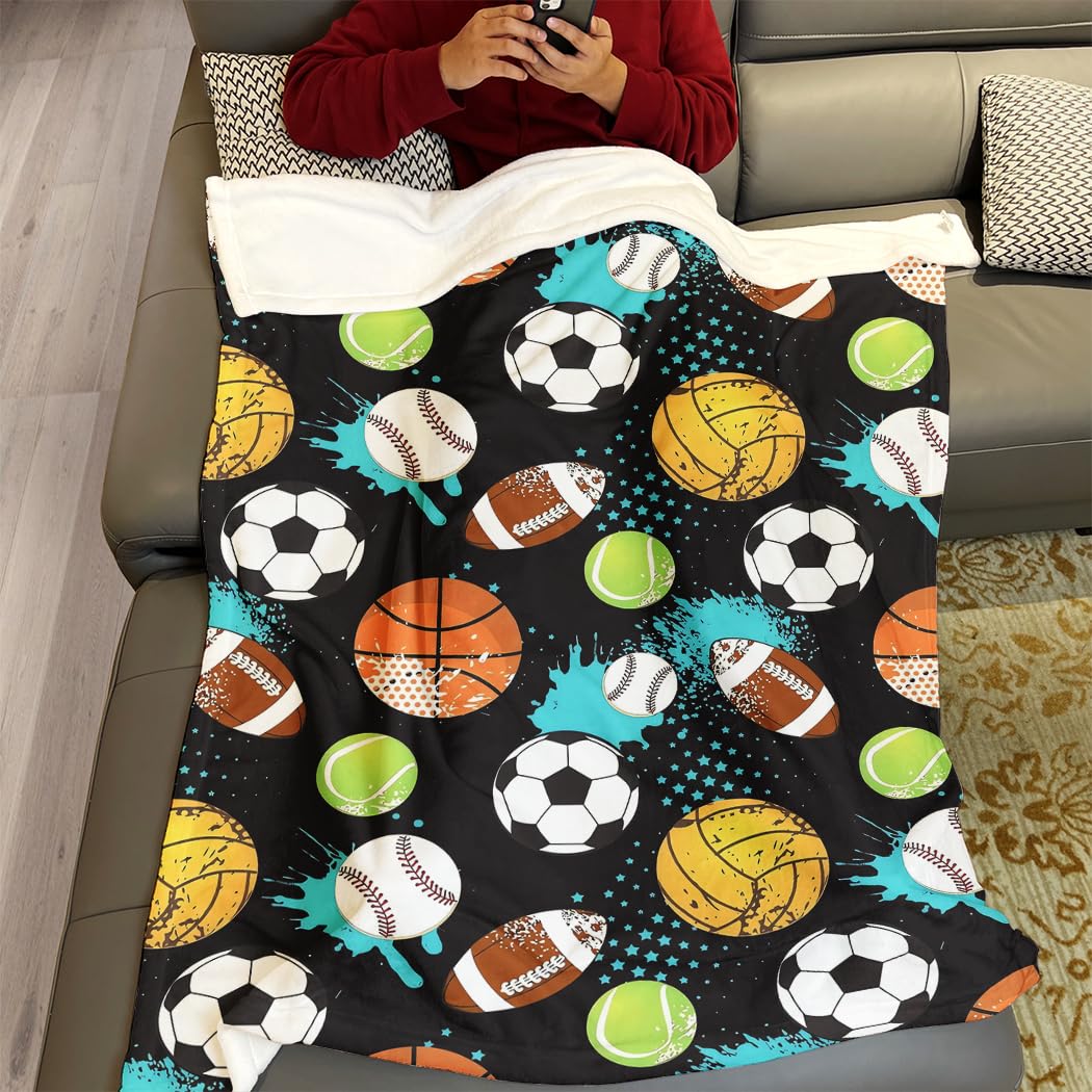 YISUMEI Sports Balls Fleece Blanket Plush and Warm Football Basketball Baseball Throw for Sport Fans Kids Adults Gifts 50"x60"
