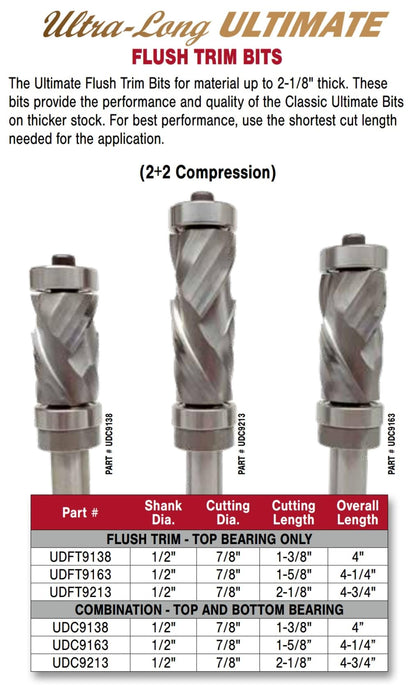 Whiteside UDC9213 Ultra-Long Ultimate 2+2 Compression Router Bit: 7/8 Inch Cutting Diameter, 1/2 Inch Shank, 2-1/8 Inch Cutting Length, Combination Bearing
