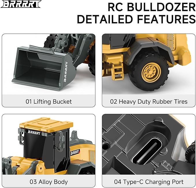 BRRRRT 1/64 RC Bulldozer ToyFull Functional RC Construction VehiclesType-C Direct Charging Alloy Remote Control BulldozerBirthday Gifts for Boys and Girls Age 3+