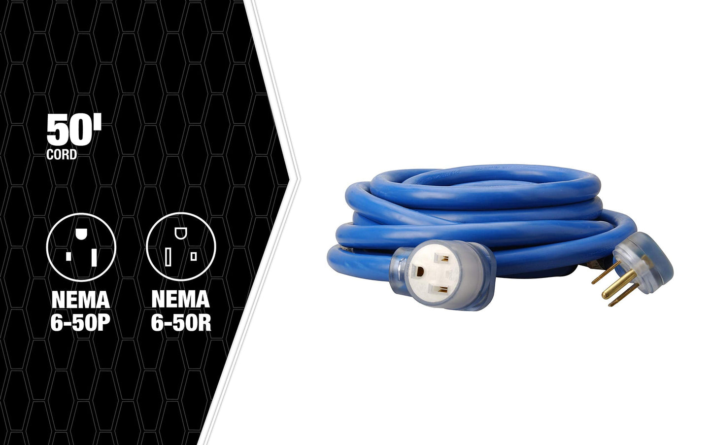 Southwire Welder Extension Cord - Heavy-Duty Power Cable for Industrial Welding Machines - STW Jacket - Molded Ends - Lighted Receptacle - 50-Amp/250-Volt - 50-Feet