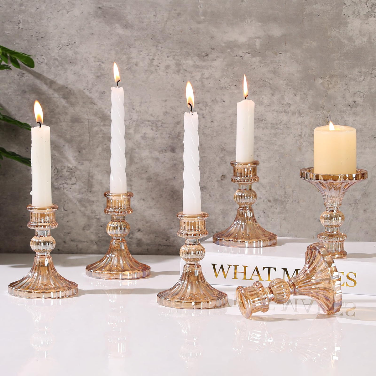 6 Pcs Golden Glass Taper Candle Holders – 4" Ribbed Candlestick Holders for Standard Candles | Elegant Centerpiece for Wedding, Party, Holiday & Home Decor