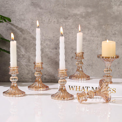 6 Pcs Golden Glass Taper Candle Holders – 4" Ribbed Candlestick Holders for Standard Candles | Elegant Centerpiece for Wedding, Party, Holiday & Home Decor