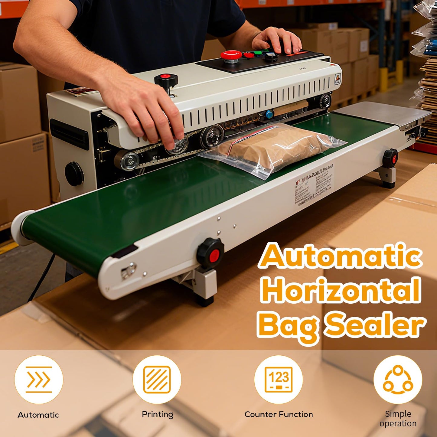 Automatic Horizontal Band Sealer (Full Copper Heating Block, with Counter Function), Continuous Bag Sealing Machine for 0.03–0.08mm PVC Film Bags (110V)
