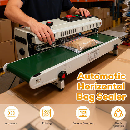 Automatic Horizontal Band Sealer (Full Copper Heating Block, with Counter Function), Continuous Bag Sealing Machine for 0.03–0.08mm PVC Film Bags (110V)