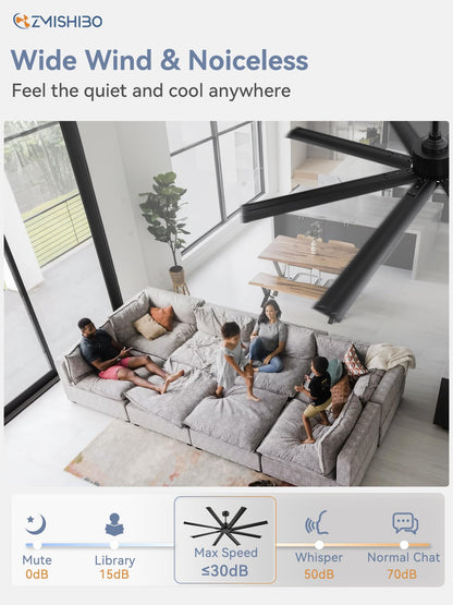 ZMISHIBO 72 Inch No Light, Large Industrial Ceiling Fan with 8 Aluminium Blades, Quiet DC Motor, 6 Speeds, Modern Ceiling Fan without Light for Garage/shop/living room,Black