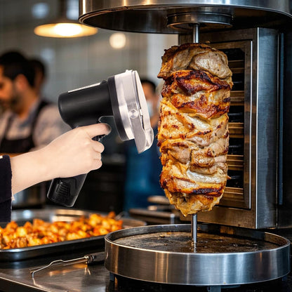 RISMANOR Electric Kebab Knife 80W Commercial Shawarma Turkish Knife Slicer Gyro Cutter 2800 RPM with 2 Blades Adjustable Thickness 0-8mm（Batteries，Wave）