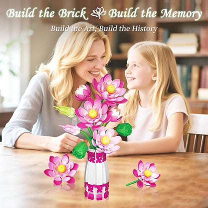 Lotus Flowers Botanical Building Set with Vase Compatible with Lego Flowers Botanicals Collection Pink Artifcial Flower Bouquet with Vase for Indoor Outdoor 710 PCS