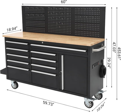 GarveeLife 61-Inch Rolling Tool Chest with 10 Drawers Garage Workbench, Solid Rubberwood Top, Storage Cabinet with Wheel Lock and Key Lock for Workshop, Garage, Kitchen and Home