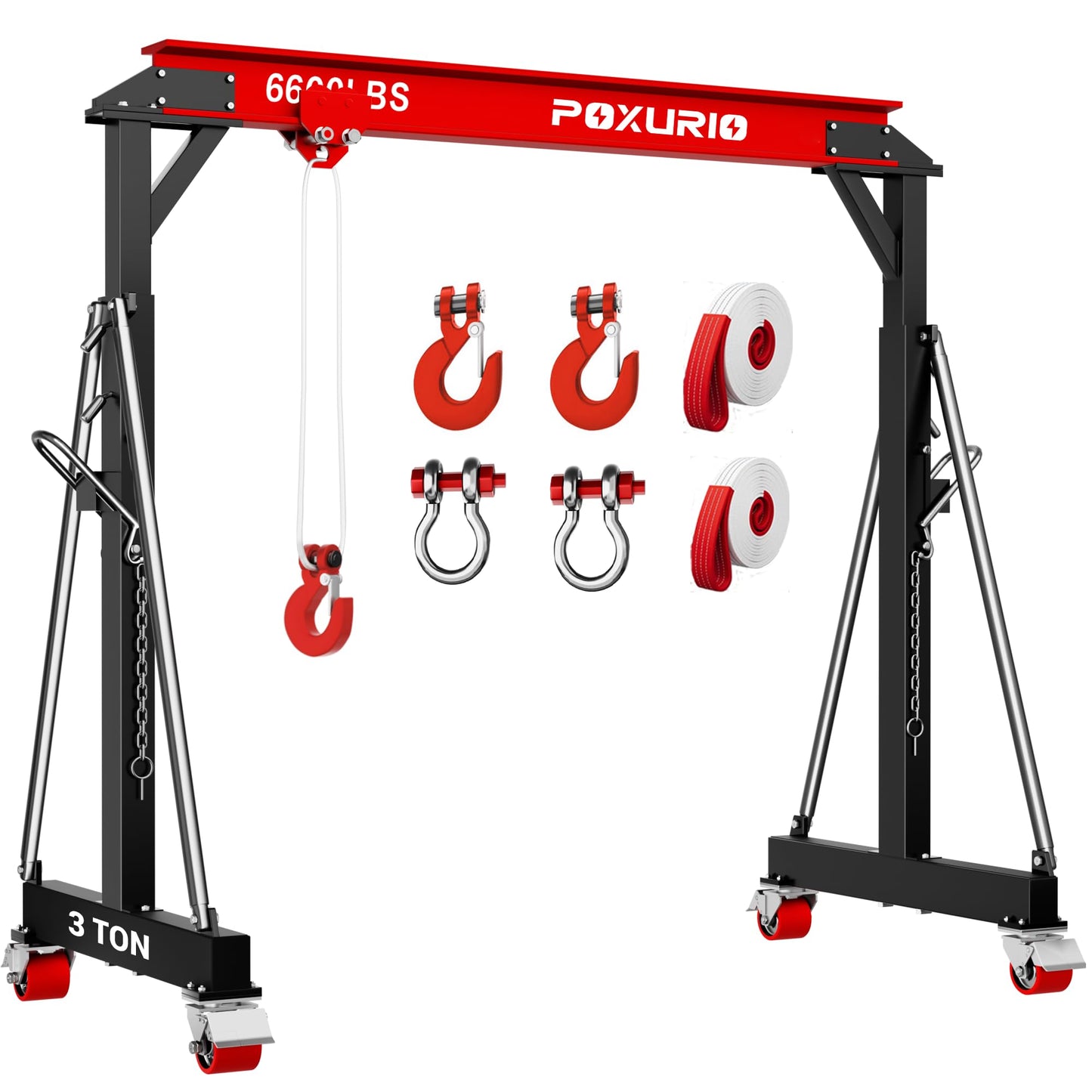 3 Ton 6600LBS Gantry Crane, 2026 Upgraded Trolley, Adjustable Height (8.53-12.47 FT), Width (9.06 FT), Steel I-Beam Construction, Portable Gantry Crane for Factories, Warehouses, Auto Repair, Red