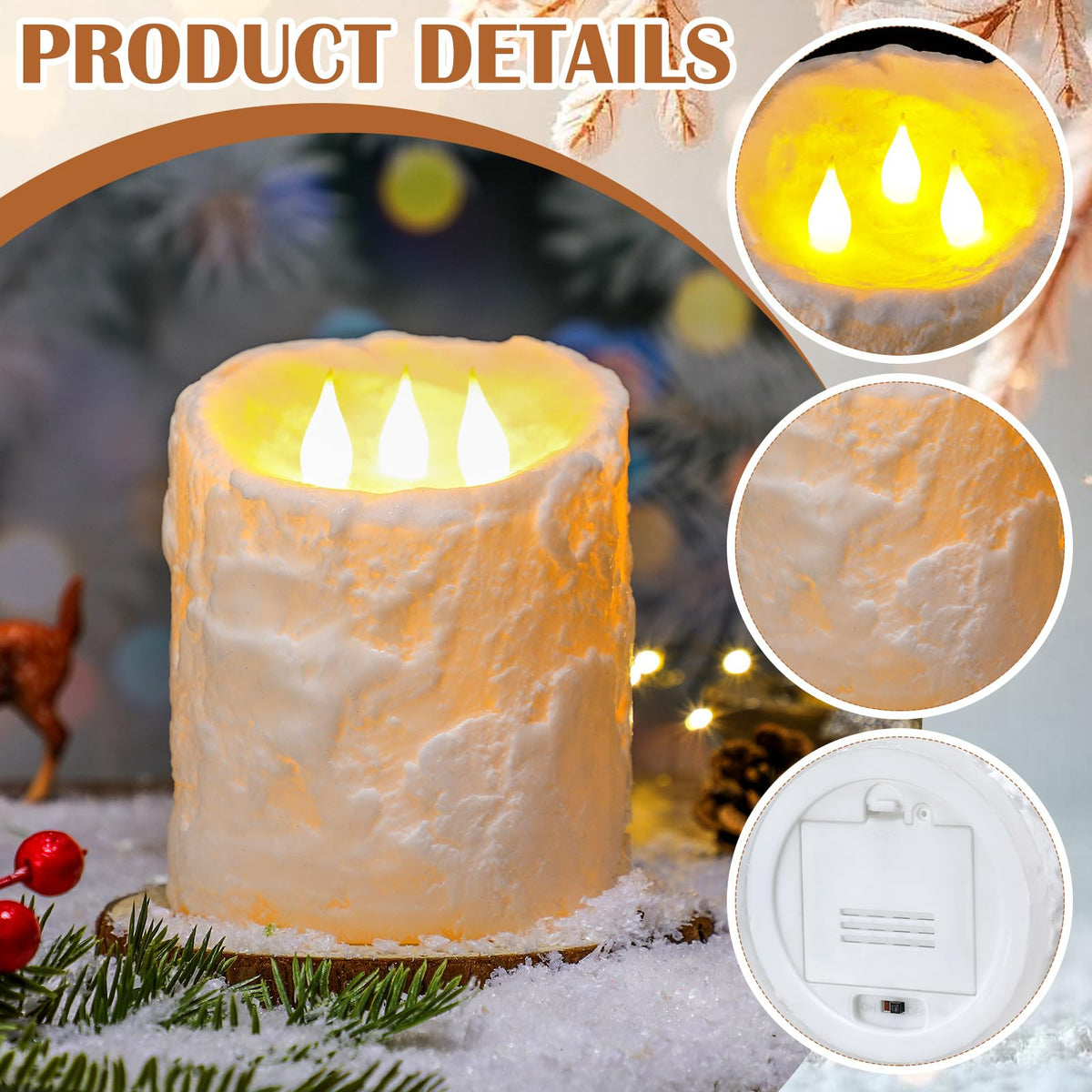 Baquler Large Flameless LED Battery Operated Pillar Candle - 3 Wick 5"x4" Snowy Frosted White Flameless Christmas Fake Candle for Xmas Table Centerpiece Holiday Rustic Indoor Home Decor