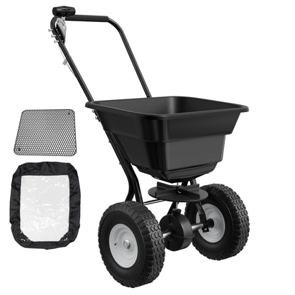 PPOLB Broadcast Spreader for Lawns, 80LB Fertilizer Spreader with 25-Level Flow Control, Walk Behind Lawn Seed & Salt Spreader, 0–10FT Coverage, Hopper Screen, Rain Cover, 12" Pneumatic Wheels