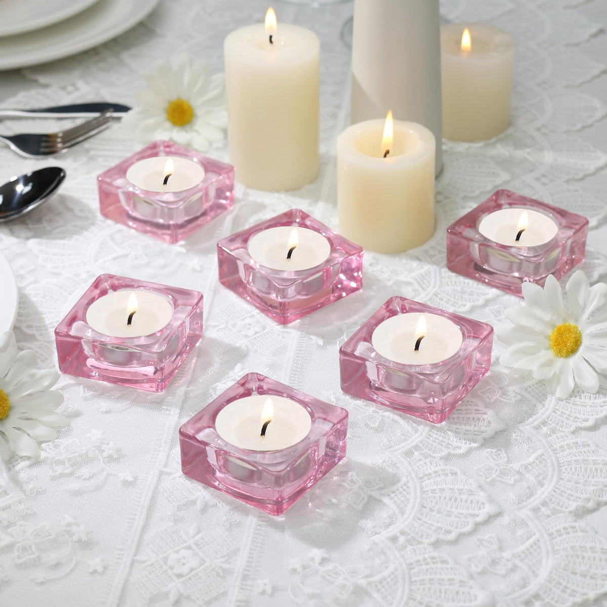 CHOCSTAY Tealight Candle Holder Set of 6, Pink Glass Candle Holder Heat-Resistant Square Holders for Wedding, Party, Home Décor