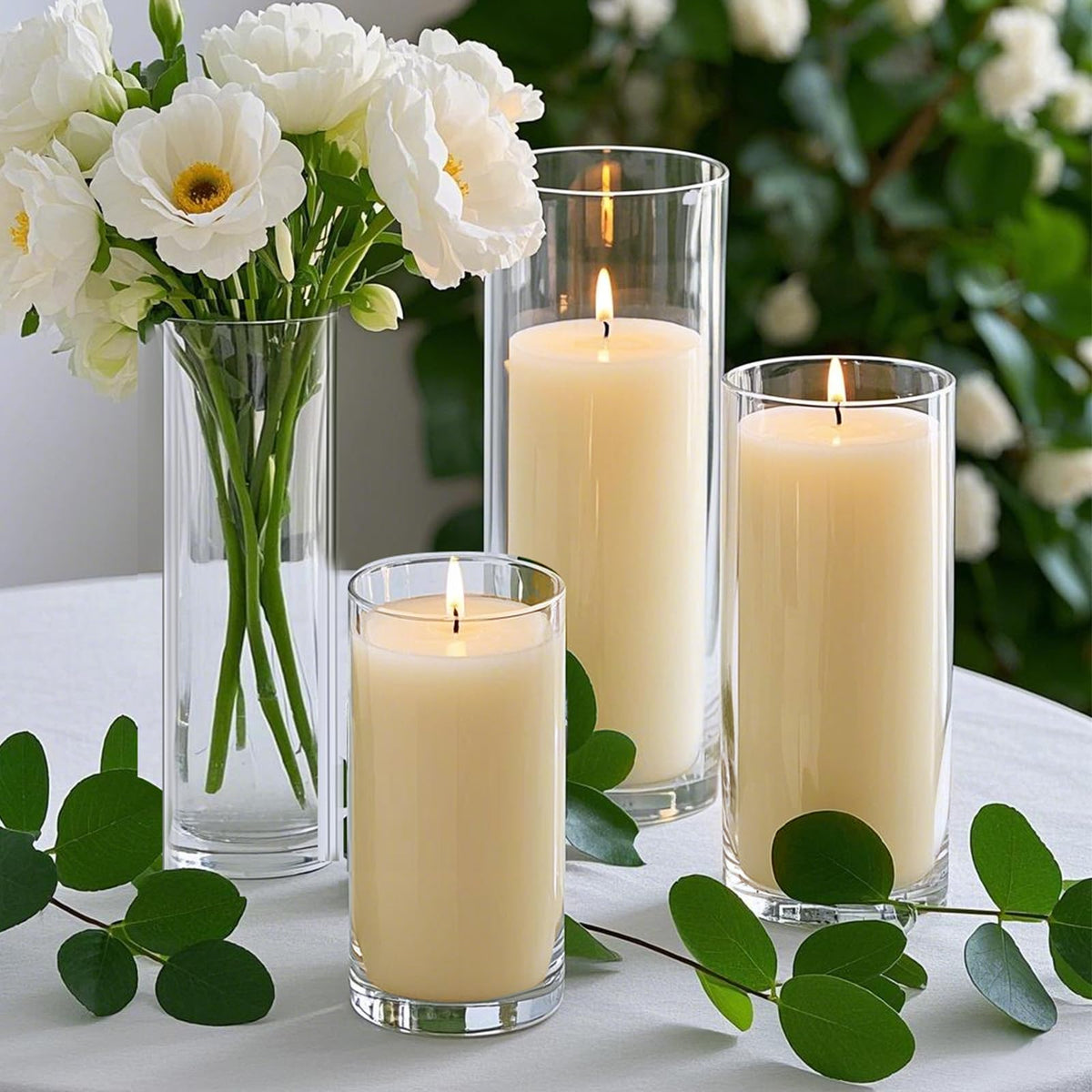 24 PCS Ivory White Pillar Candles with Glass Candle Holders Clear Hurricane Candle Holders Glass Cylinder Vases for Centerpieces Wedding Party, Event, Home Office (12 Candles+12 Candle Hoders)