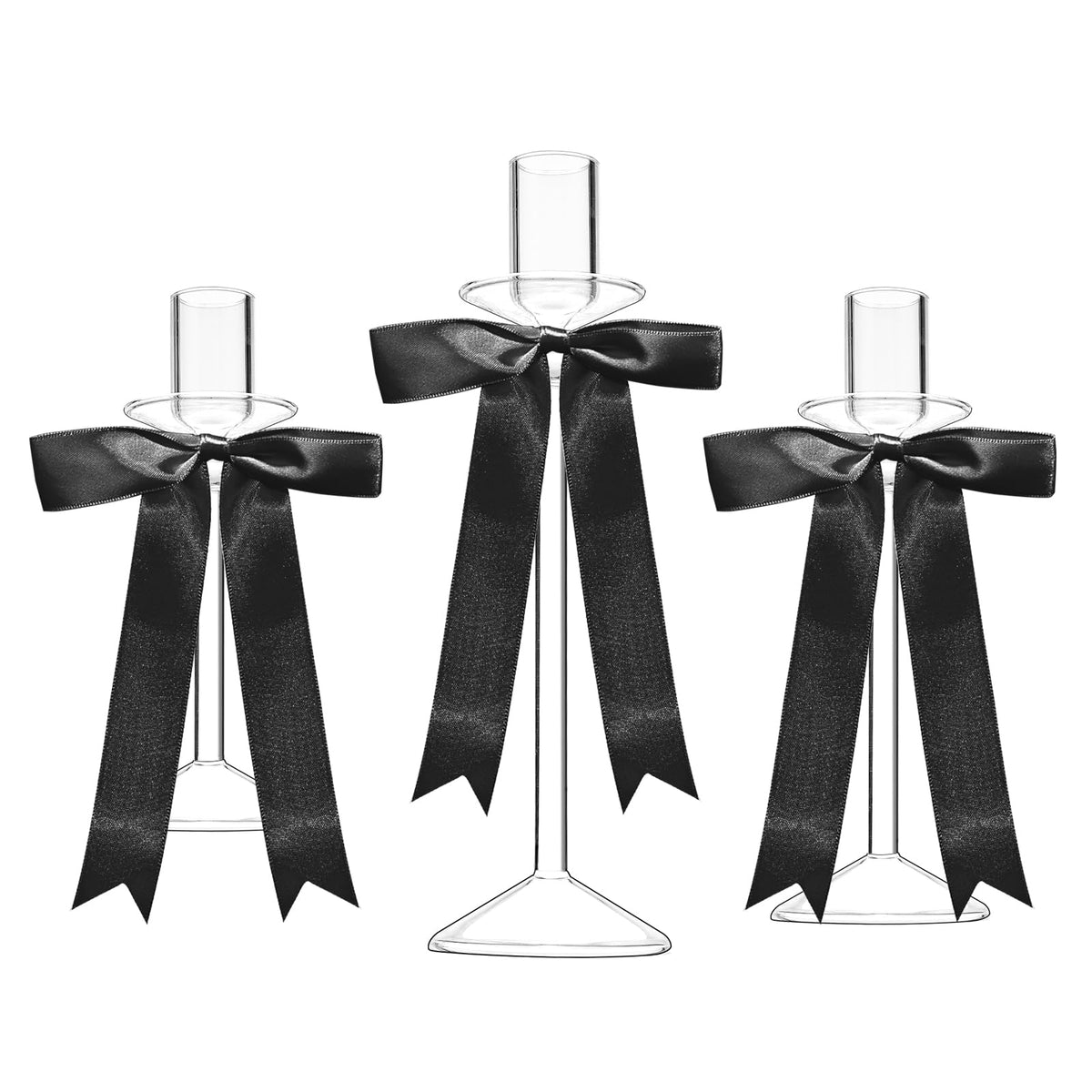 CHILL RECIPE Bow Candle Holder Glass Taper Candlestick Holders with Built-in Candle Drip Protectors Bows Decor for Table Centerpiece Wedding Party Halloween(Black)