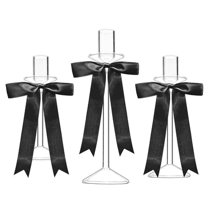 CHILL RECIPE Bow Candle Holder Glass Taper Candlestick Holders with Built-in Candle Drip Protectors Bows Decor for Table Centerpiece Wedding Party Halloween(Black)